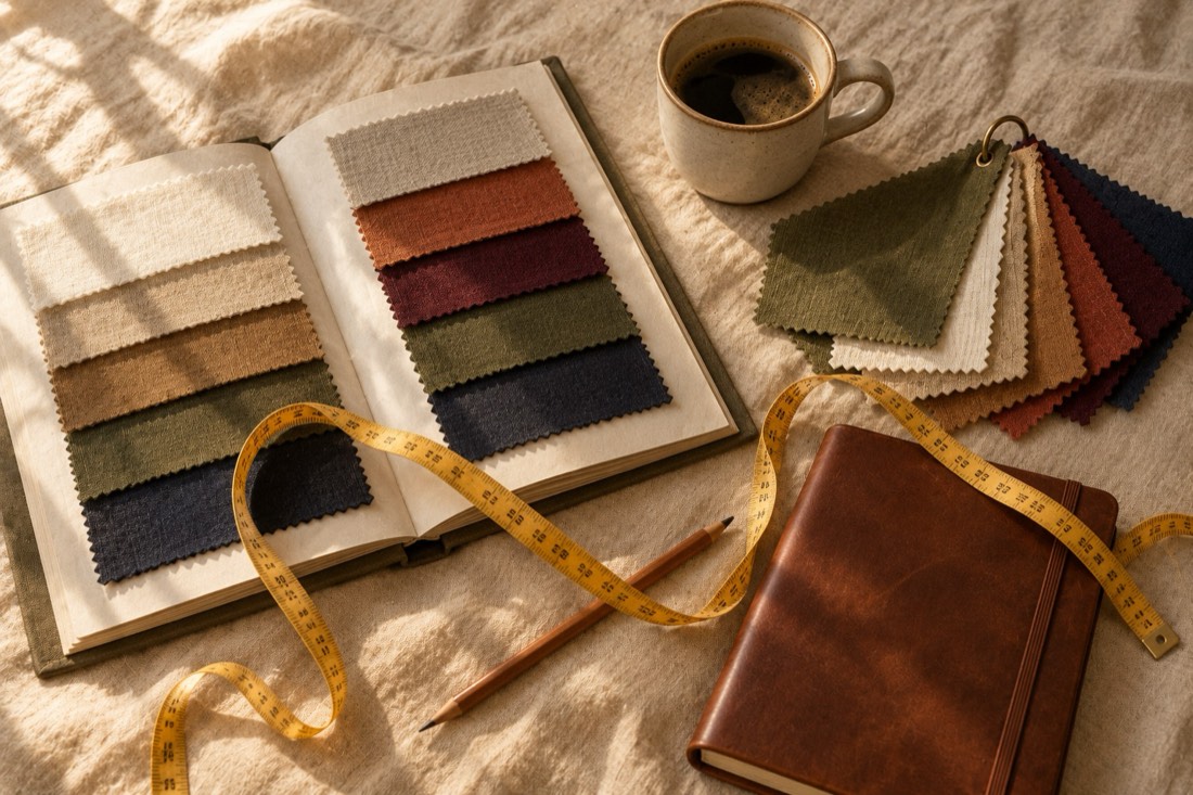 Kumaş kartelası, renk örnekleri, mezura ve deri defter bulunan stil danışmanı masası